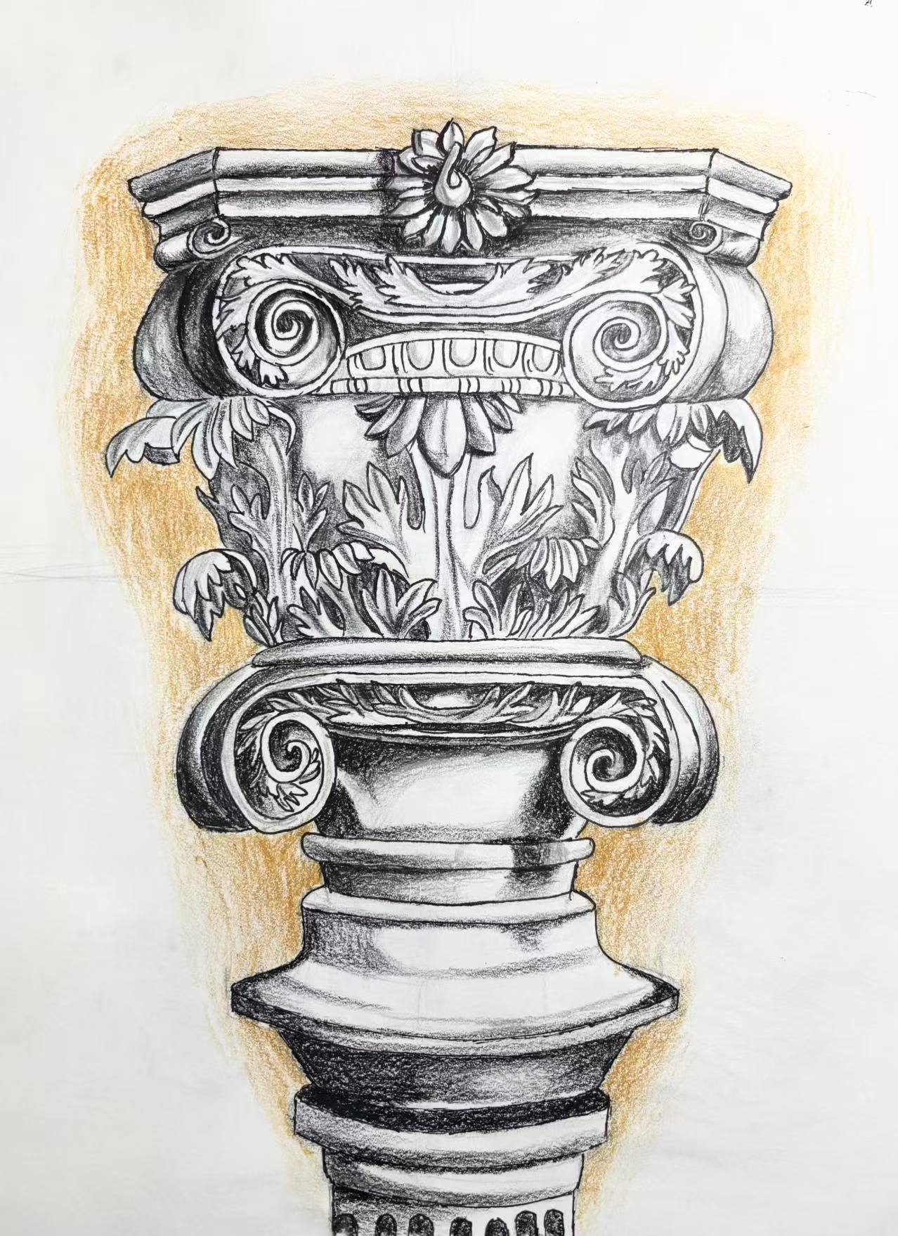Column Capital Study — graphite and colored pencil