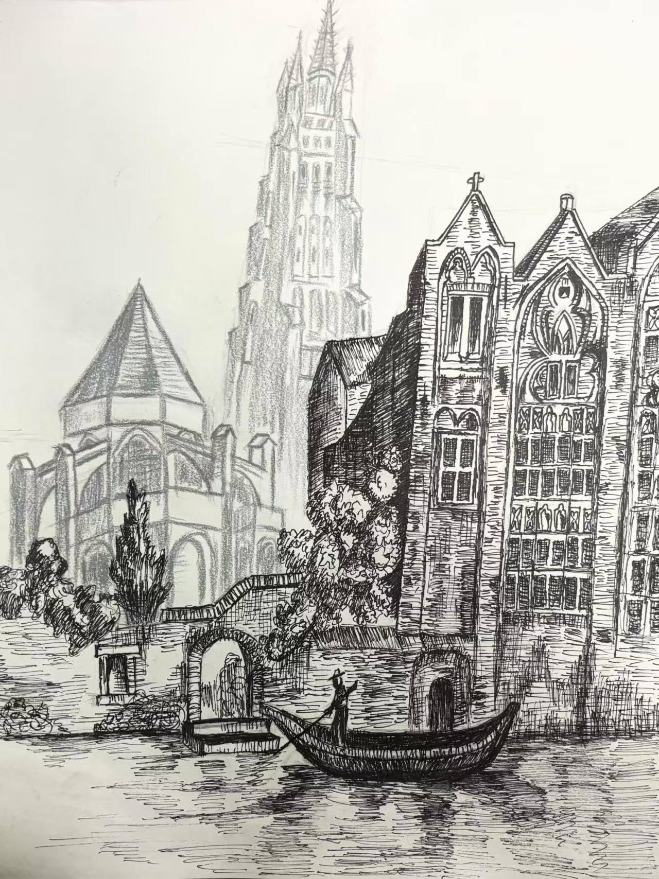 Cathedral and Gondola — pen and graphite