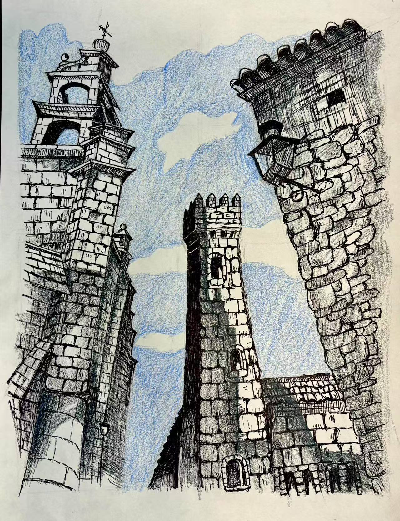 Stone Towers — pen and colored pencil