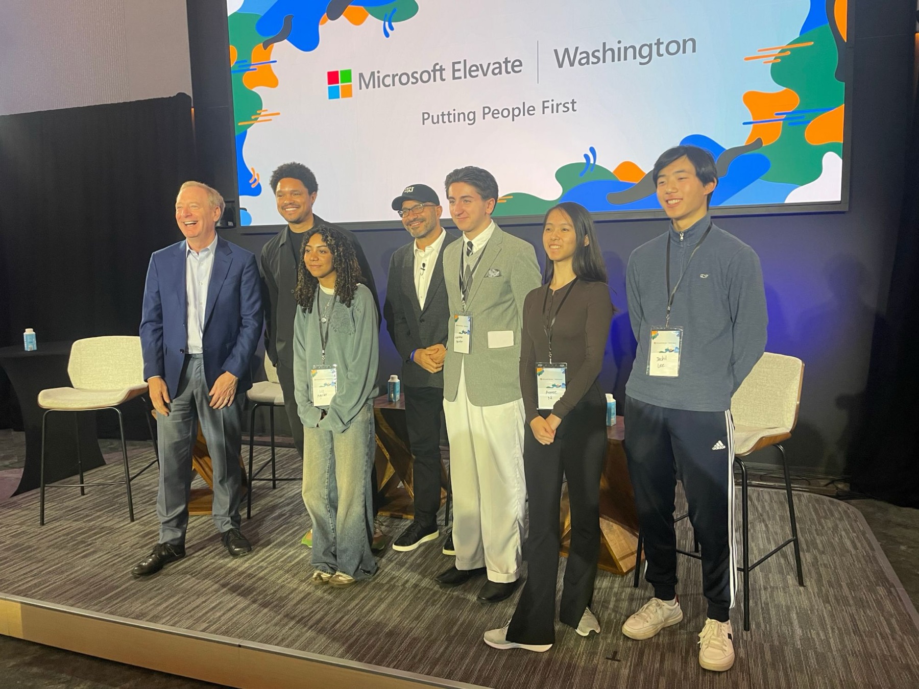 On stage with Microsoft Vice Chair & President Brad Smith and moderator Trevor Noah — I'm second from the right.
