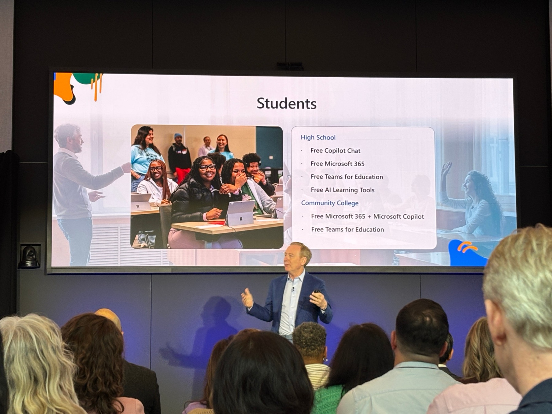 Brad Smith announcing free Copilot, Microsoft 365, and AI learning tools for high school students.
